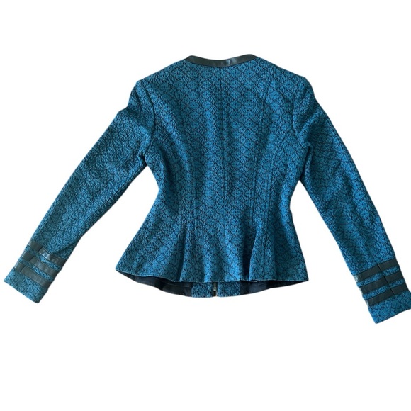 Nanette Lepore Secret Society Blue Jacquard Jacket Sz 0 NWT Leather Trim Flare - Picture 3 of 7